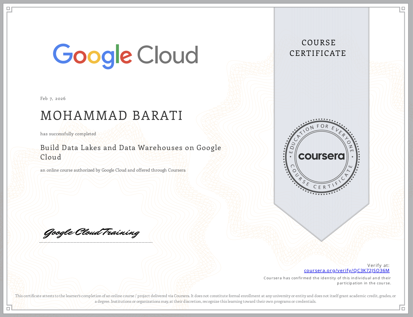 Preview of Build Data Lakes and Data Warehouses on Google Cloud certificate